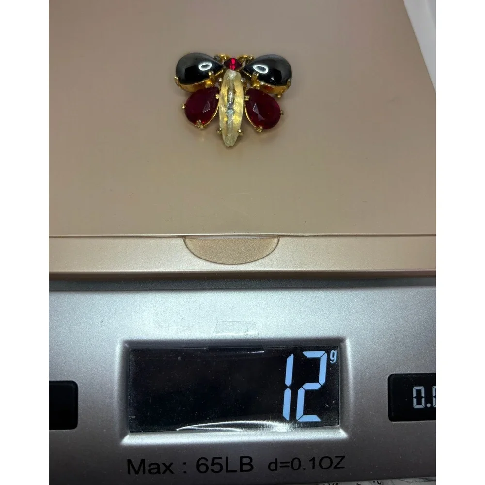Vintage Benedikt NY Butterfly Brooch Red Black Gold Tone Glass Cabochon‎ Pin